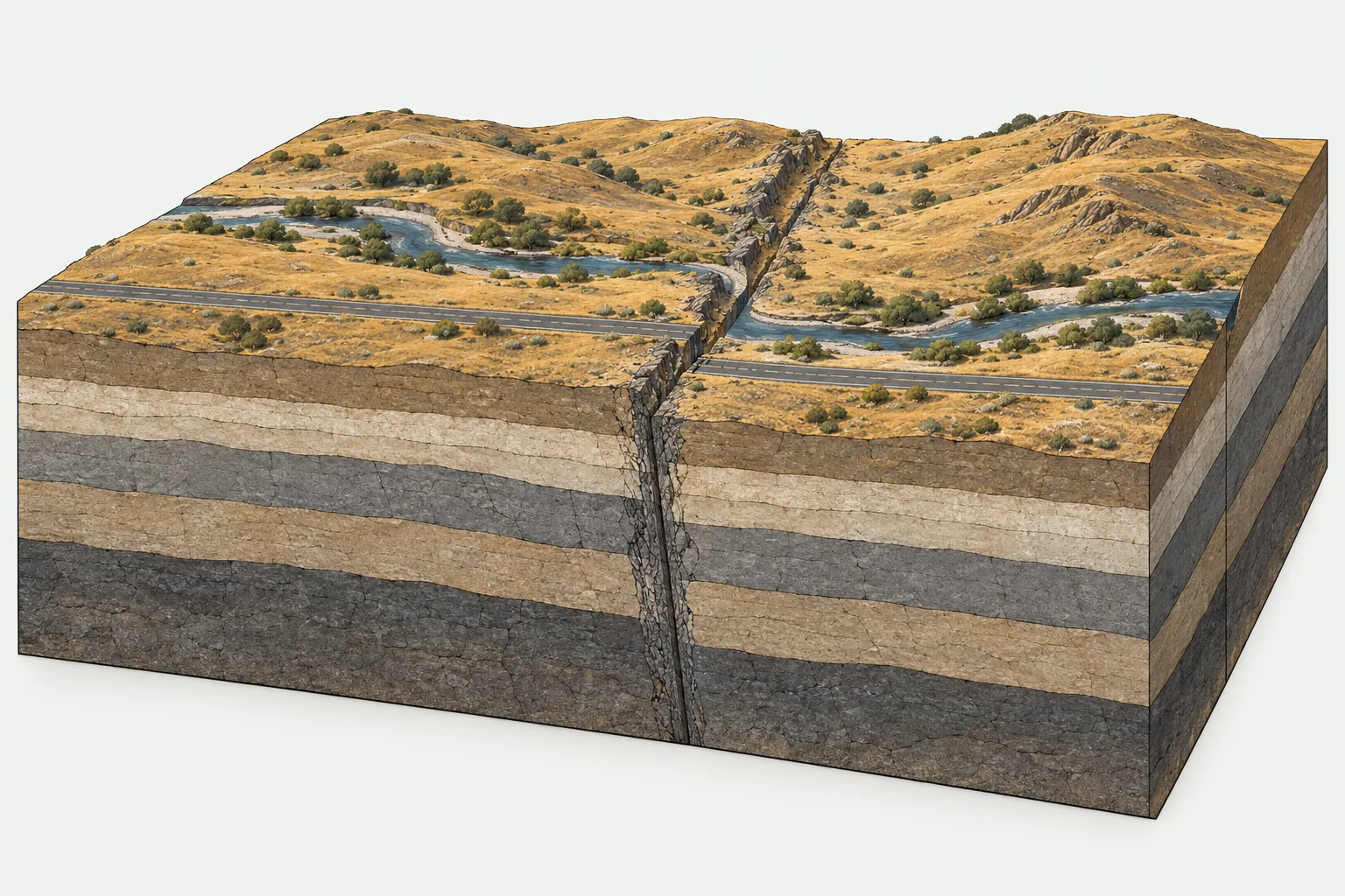 Plate tectonics diagram of a transform boundary: a river and a road offset sideways where two plates slide past each other